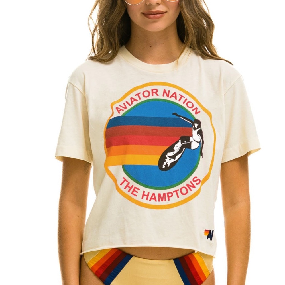 Aviator Nation Cream Tee with Rainbow Stripes